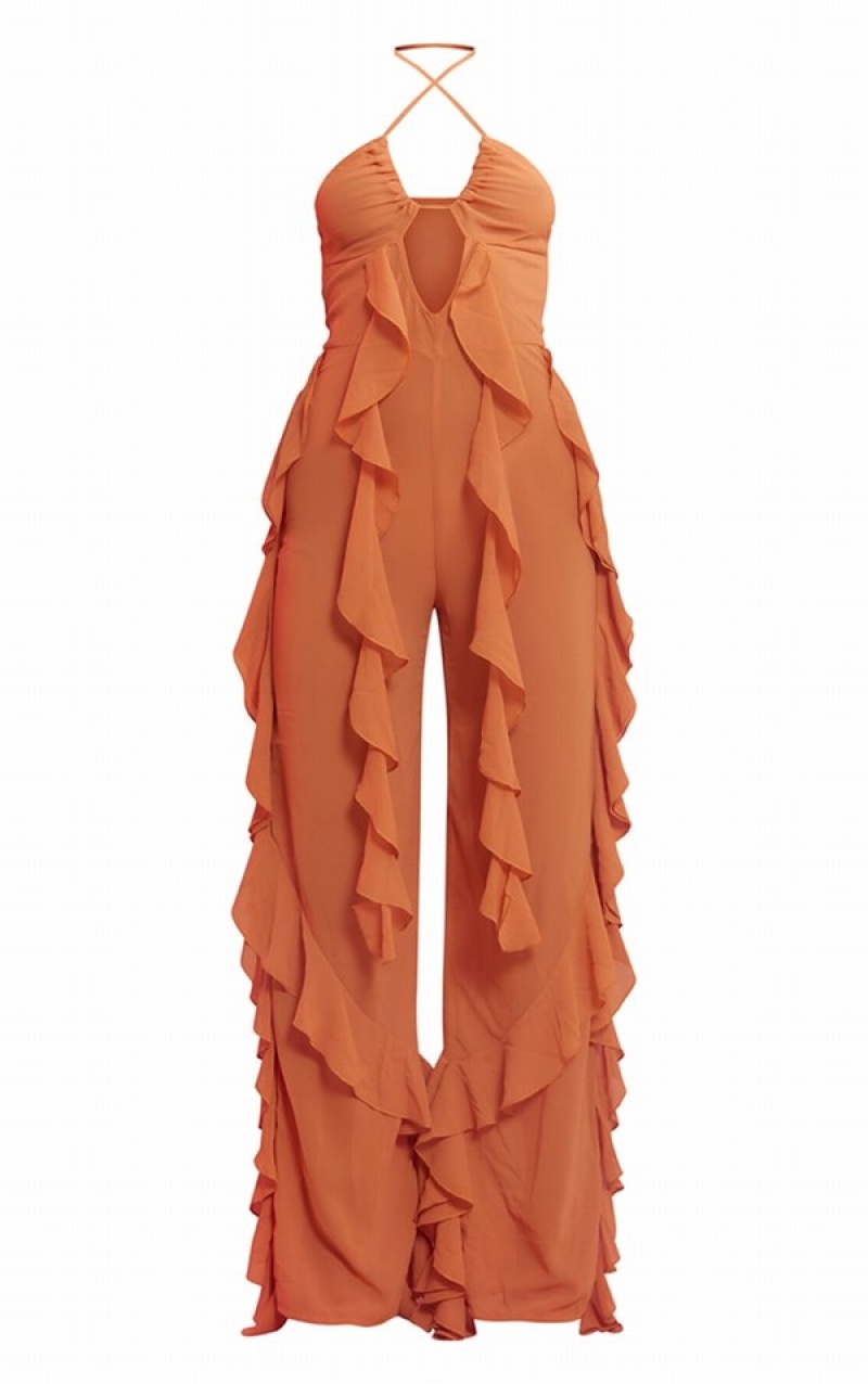 Salopeta Pretty Little Thing Tobacco Halterneck Ruffle Largi Leg Maro | WPBG78601