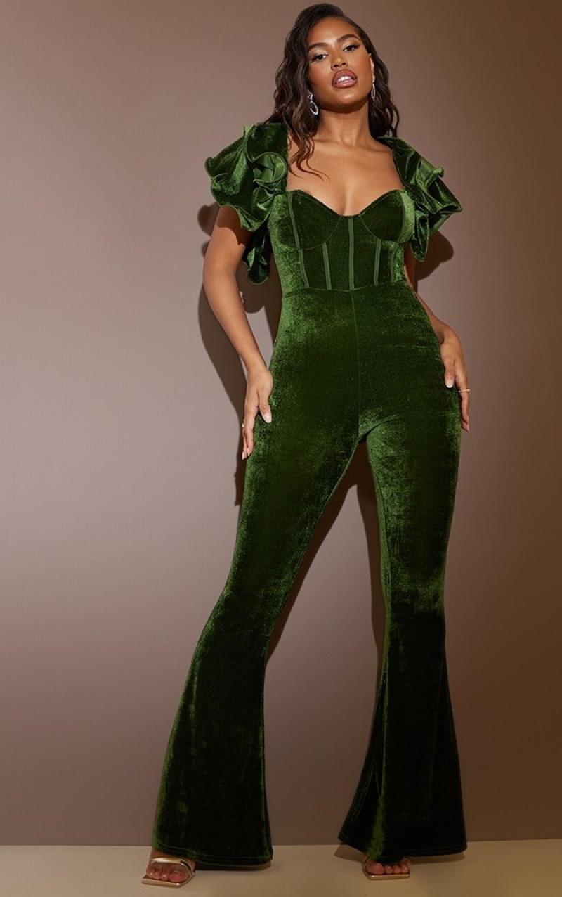Salopeta Pretty Little Thing Velvet Dantela Up Back Frill Sleeve Masline Verzi | MTGQ23481