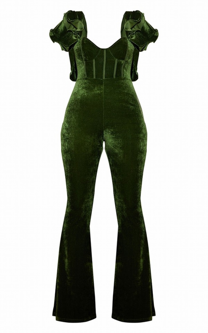 Salopeta Pretty Little Thing Velvet Dantela Up Back Frill Sleeve Masline Verzi | MTGQ23481