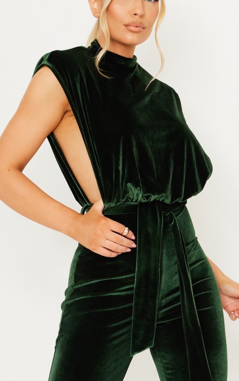 Salopeta Pretty Little Thing Velvet Shoulder Pad Tie Talie Largi Leg Masline Verzi | XFJQ45730