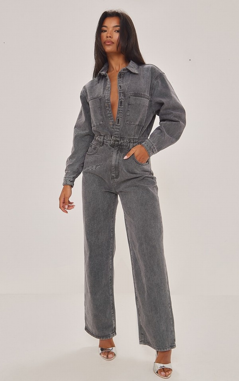 Salopeta Pretty Little Thing Washed Cargo Pocket Shoulder Căptușită Gri | RDQU21348