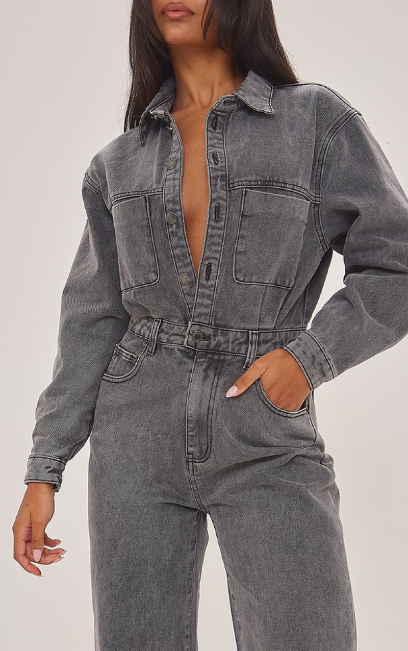 Salopeta Pretty Little Thing Washed Cargo Pocket Shoulder Căptușită Gri | RDQU21348