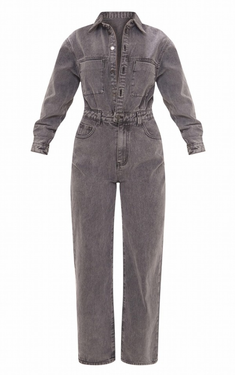 Salopeta Pretty Little Thing Washed Cargo Pocket Shoulder Căptușită Gri | RDQU21348