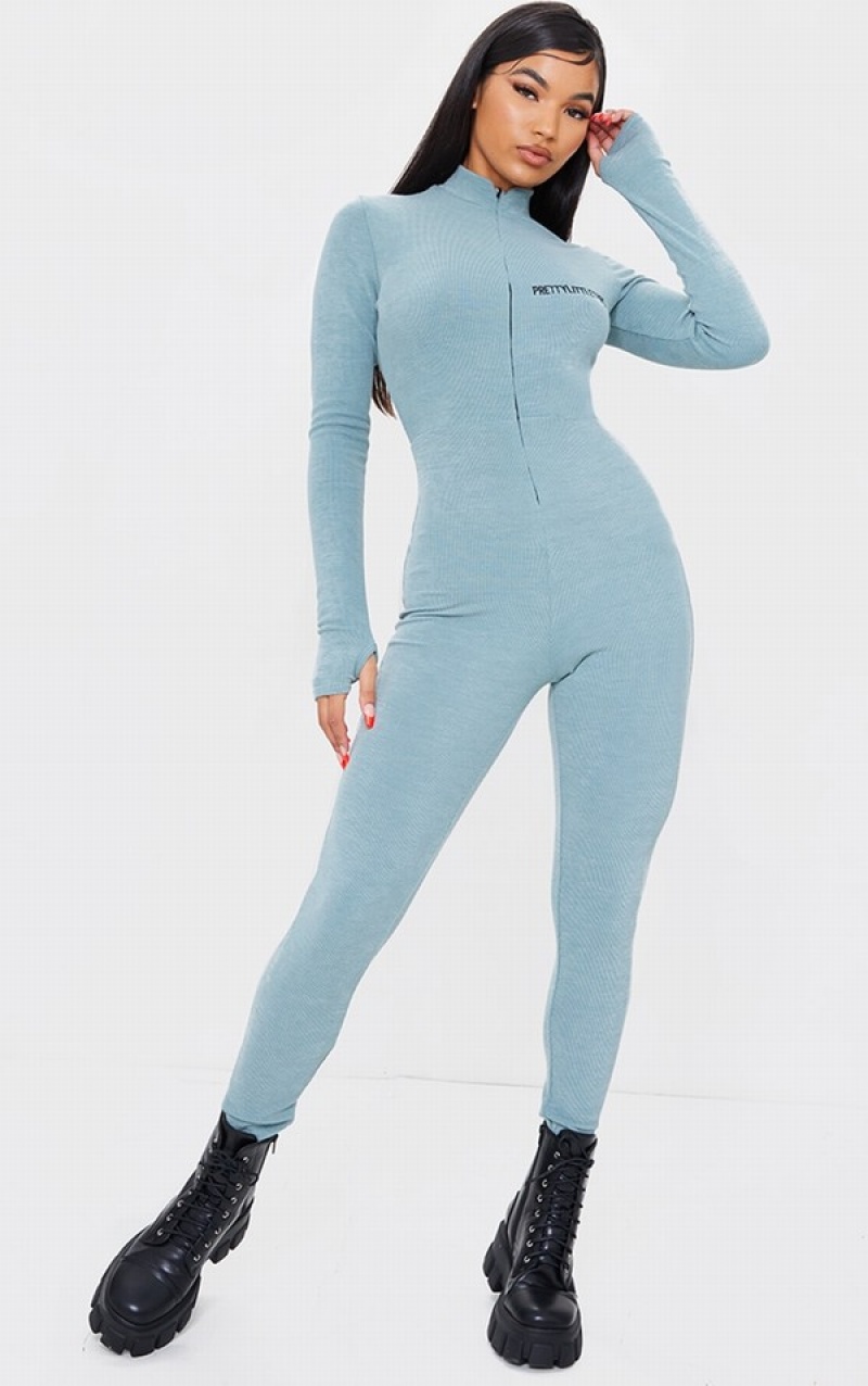 Salopeta Pretty Little Thing Washed EmbroideRib Zip Front Catsuit Verzi | QWBO90172