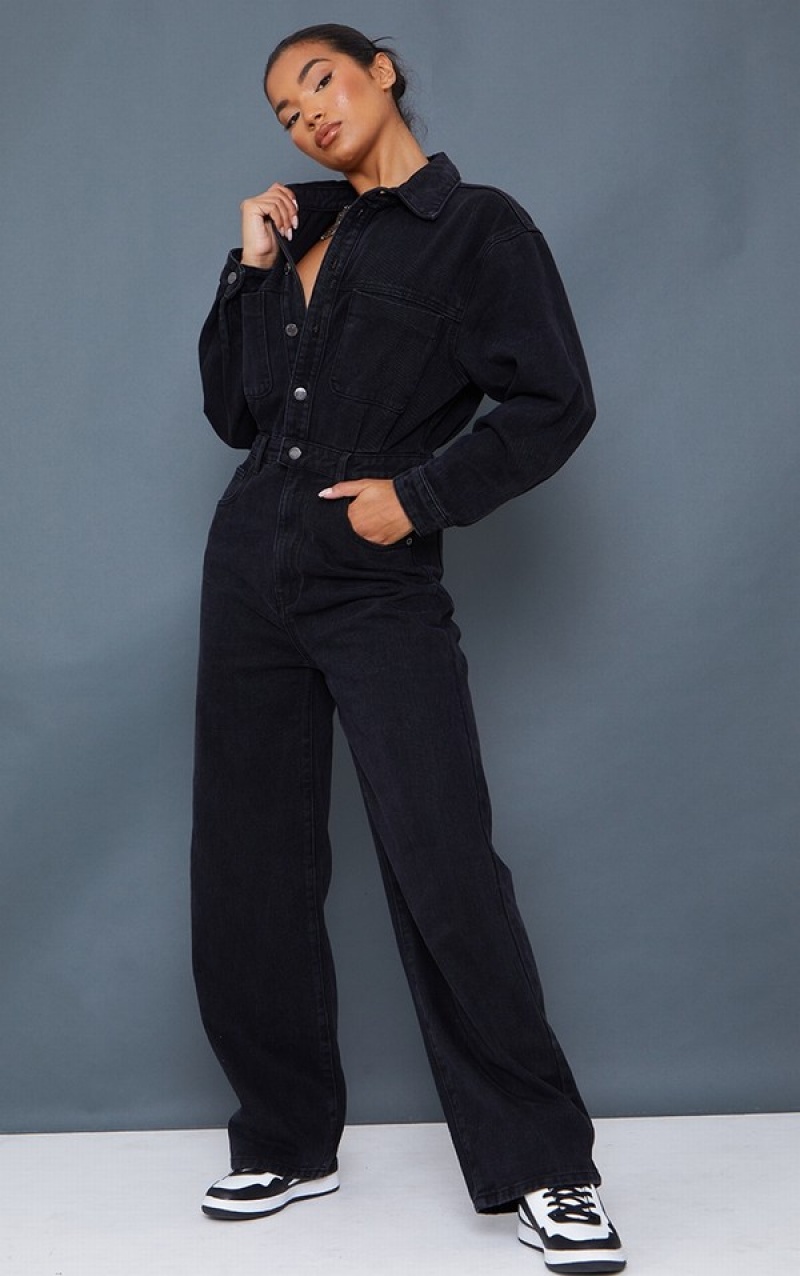 Salopeta Pretty Little Thing Washed Oversized Boilersuit Negrii | QEWH79840
