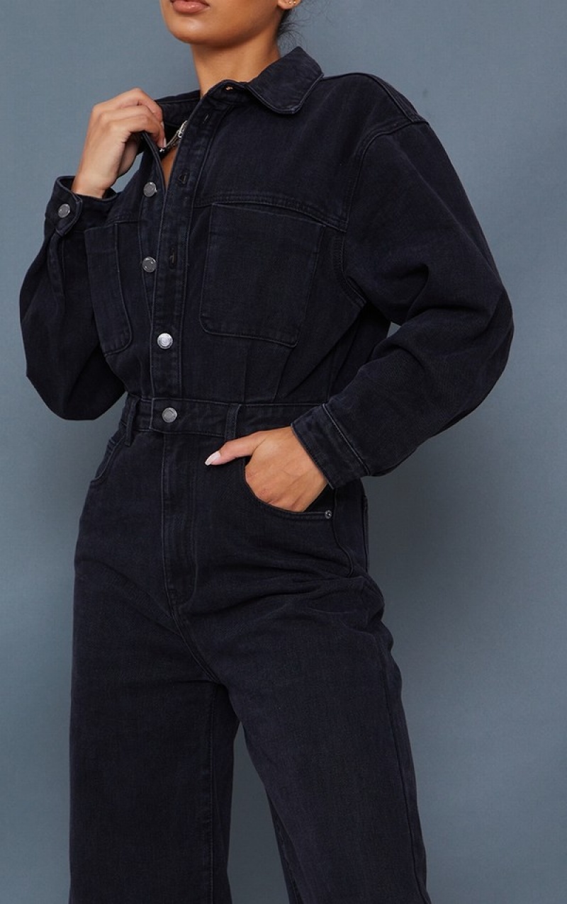Salopeta Pretty Little Thing Washed Oversized Boilersuit Negrii | QEWH79840