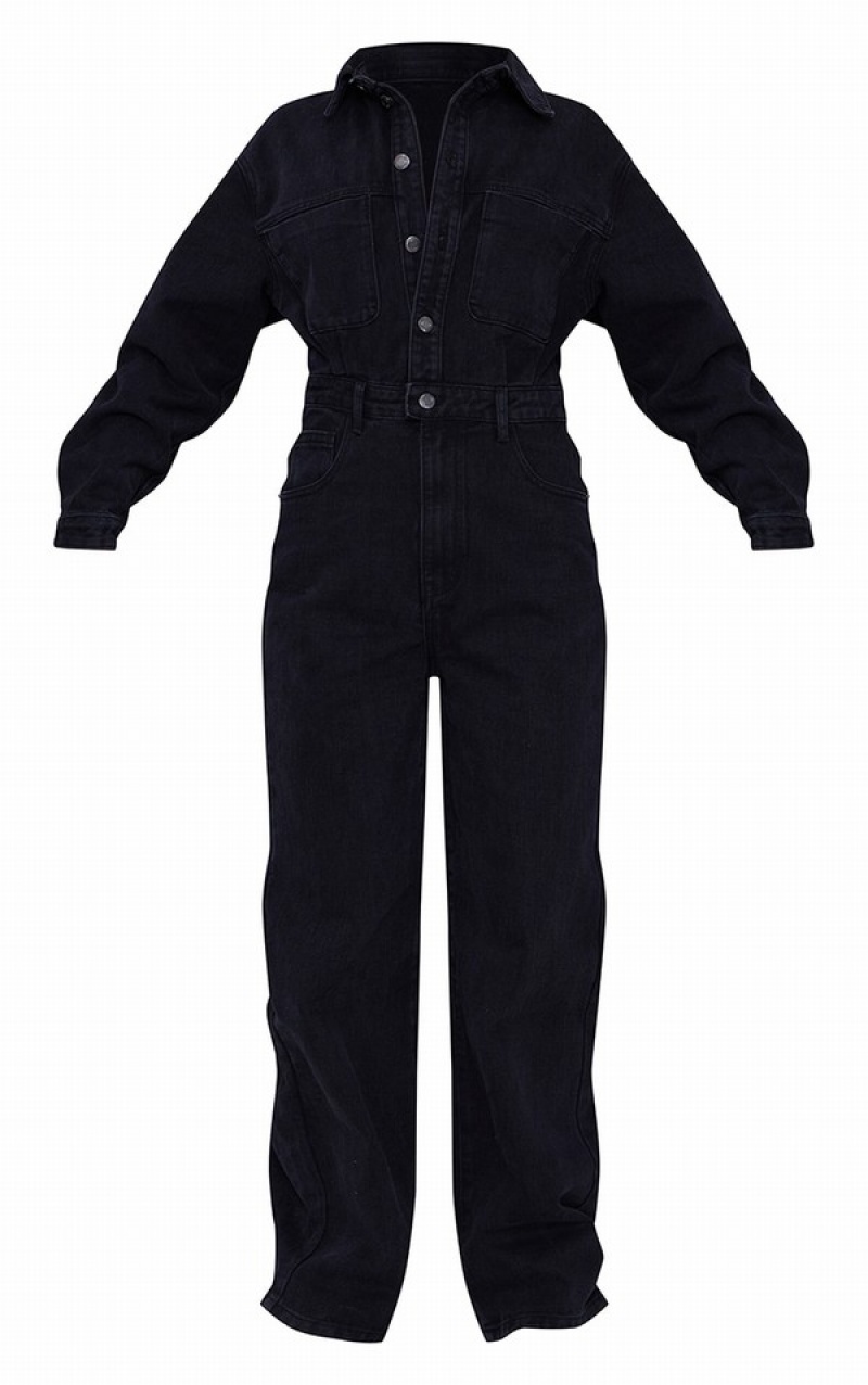 Salopeta Pretty Little Thing Washed Oversized Boilersuit Negrii | QEWH79840