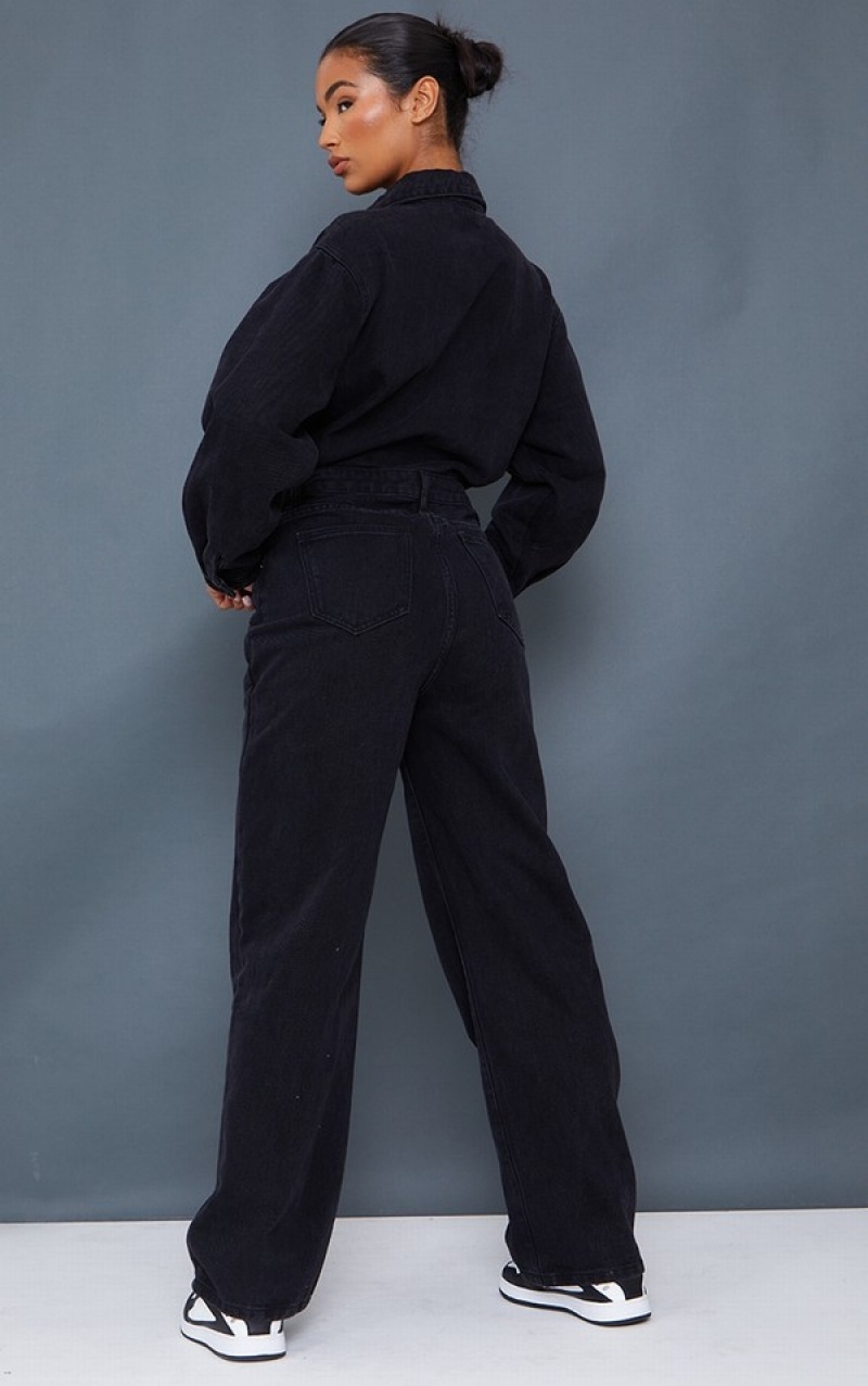 Salopeta Pretty Little Thing Washed Oversized Boilersuit Negrii | QEWH79840