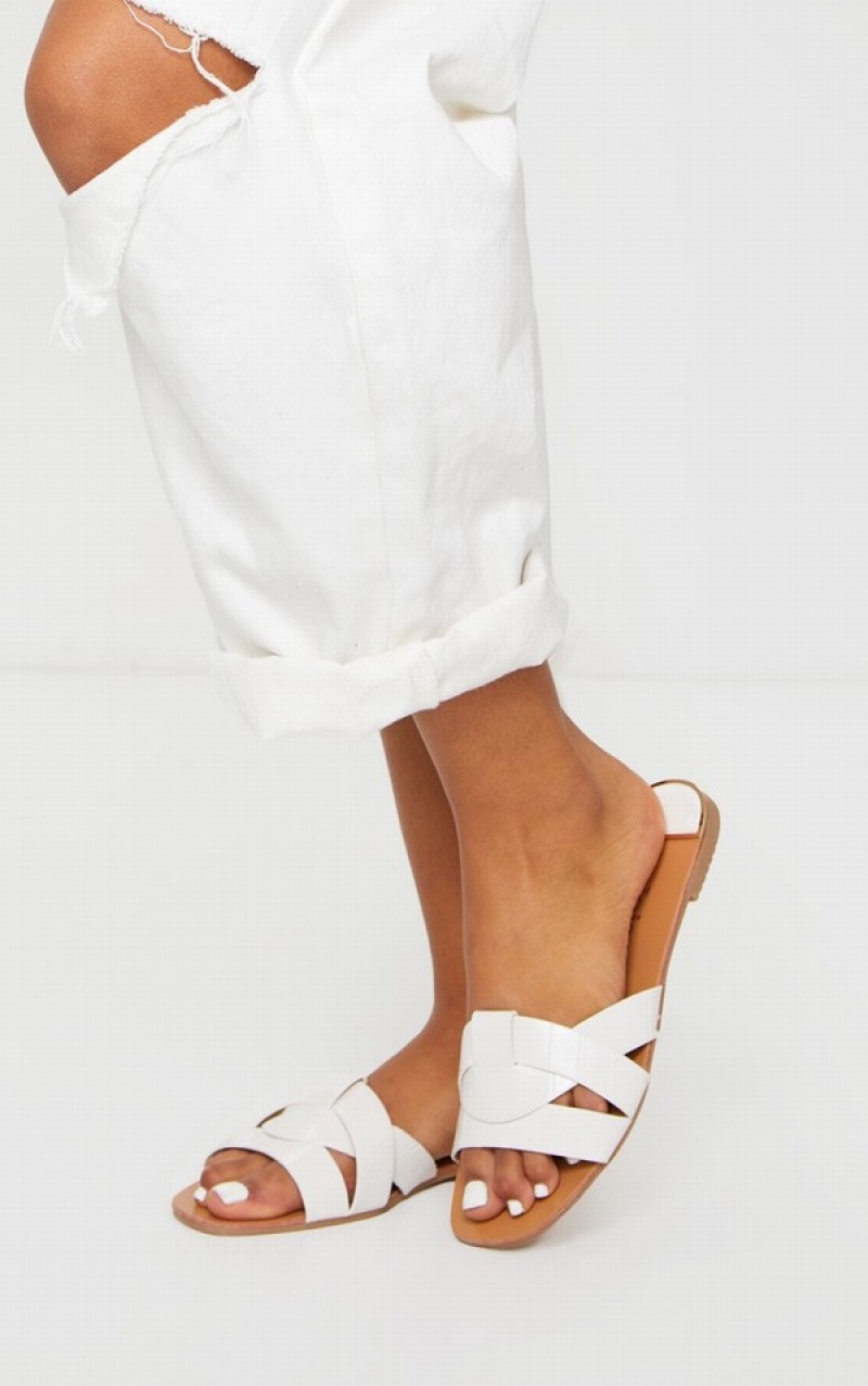 Sandale Pretty Little Thing Croc PU Curea Over Albi | POIW60327