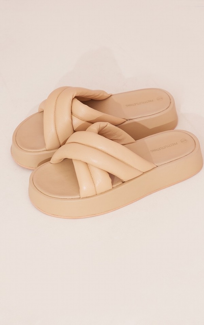 Sandale Pretty Little Thing Grosolan Căptușită Cross Straps Bej | VBON91538