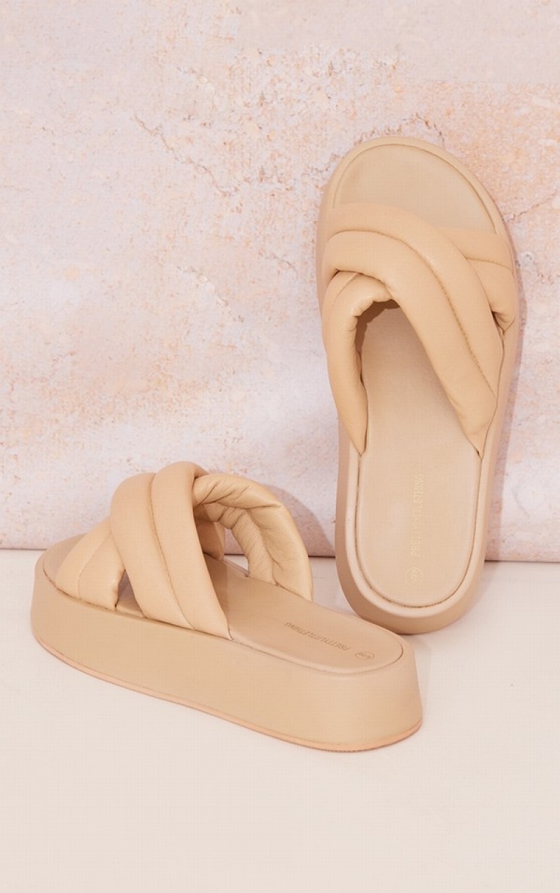 Sandale Pretty Little Thing Grosolan Căptușită Cross Straps Bej | VBON91538
