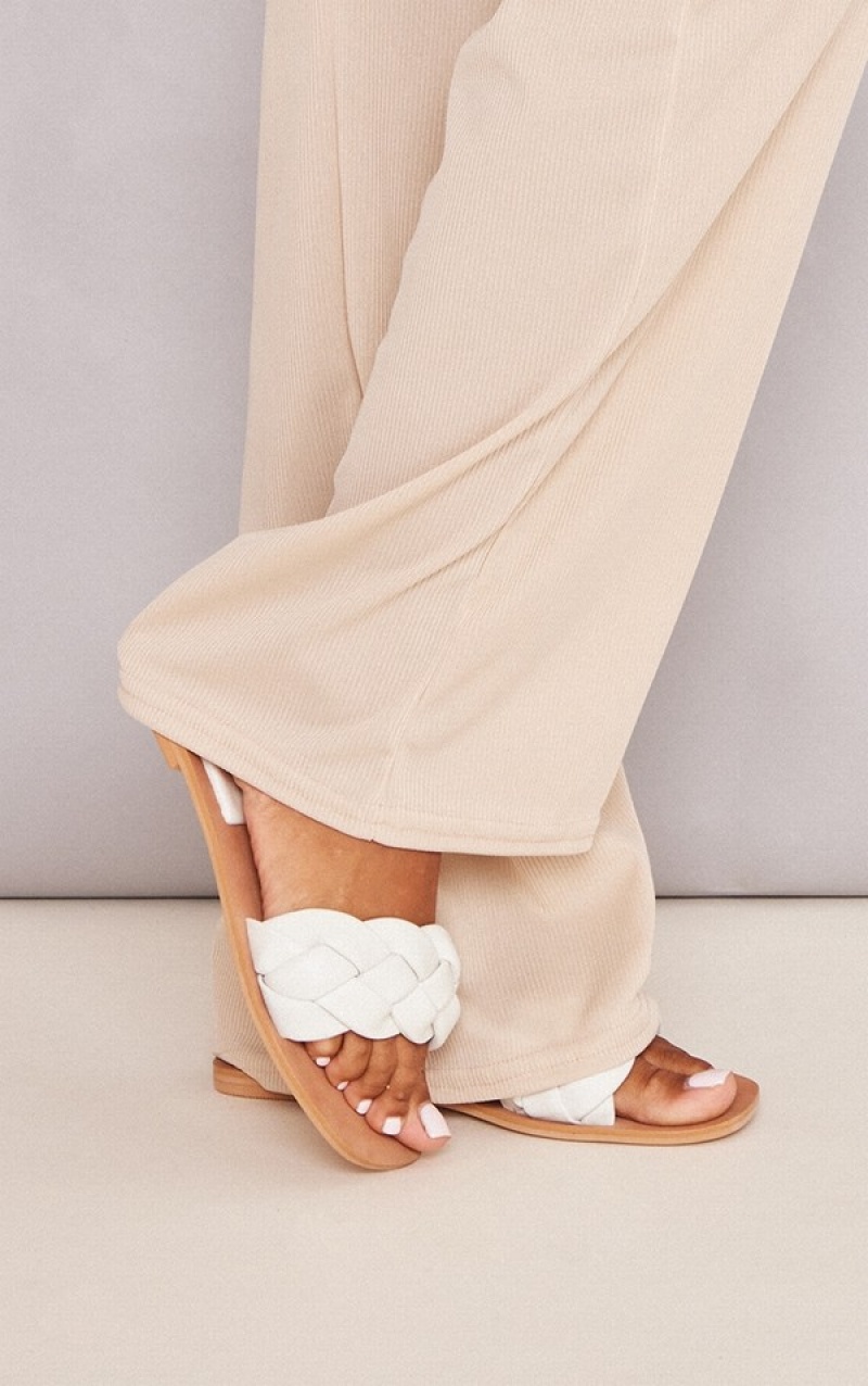 Sandale Pretty Little Thing Largi Fit Piele Extreme Căptușită Plaited Curea Albi | PUSY51204