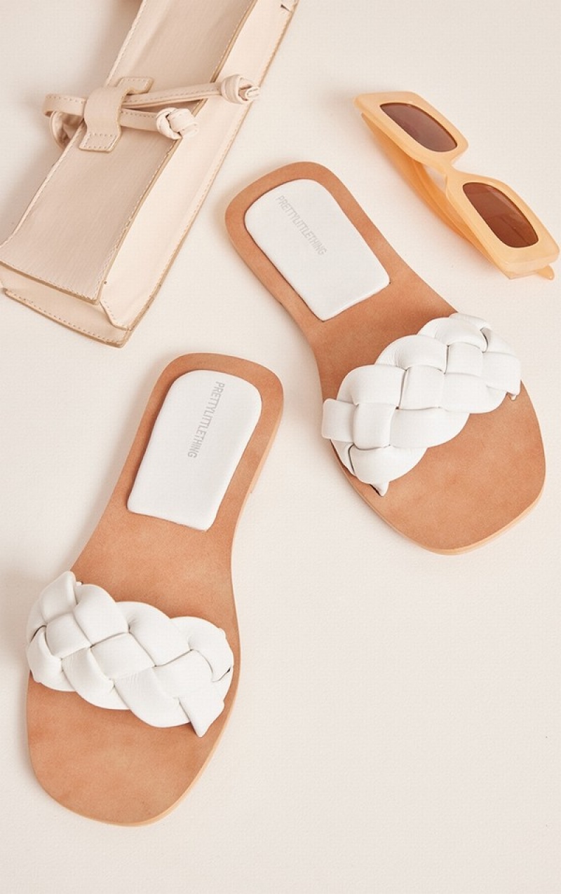 Sandale Pretty Little Thing Largi Fit Piele Extreme Căptușită Plaited Curea Albi | PUSY51204