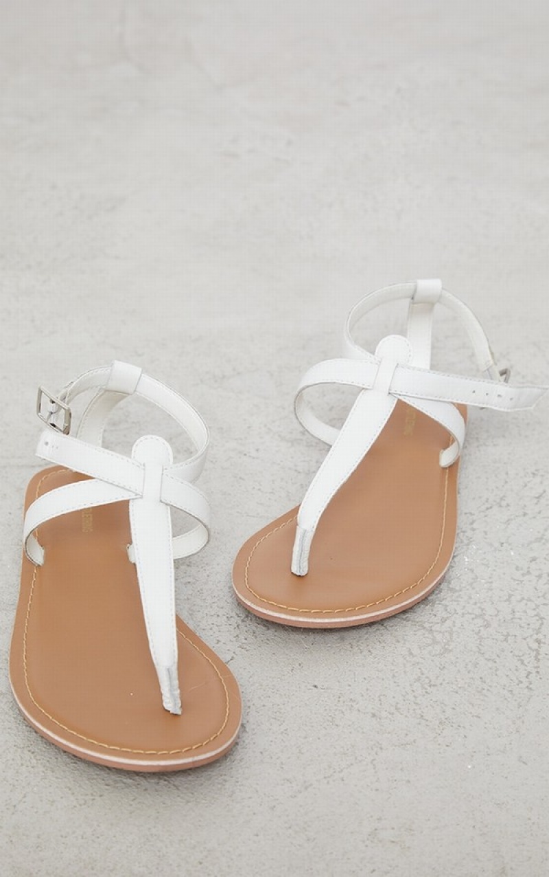 Sandale Pretty Little Thing Real Piele Basic Bombeu Curea Albi | SKMI60918