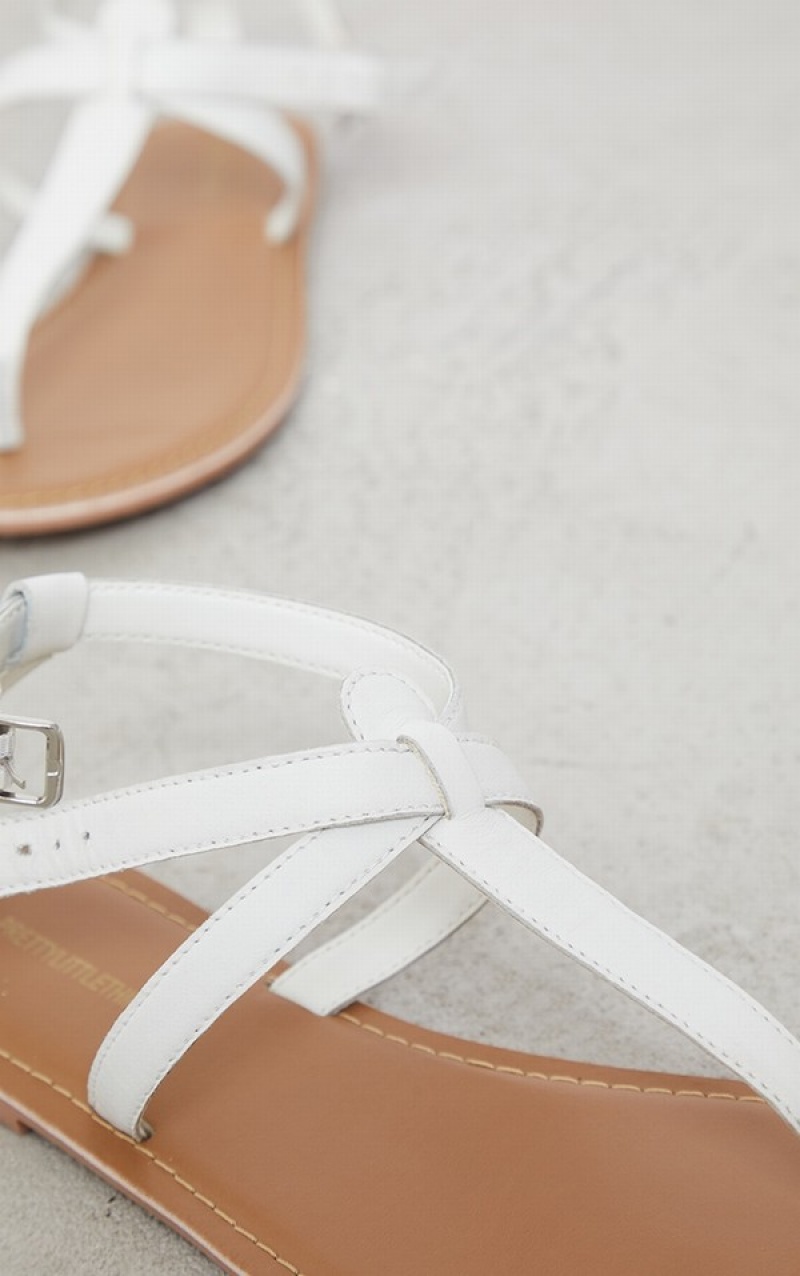 Sandale Pretty Little Thing Real Piele Basic Bombeu Curea Albi | SKMI60918