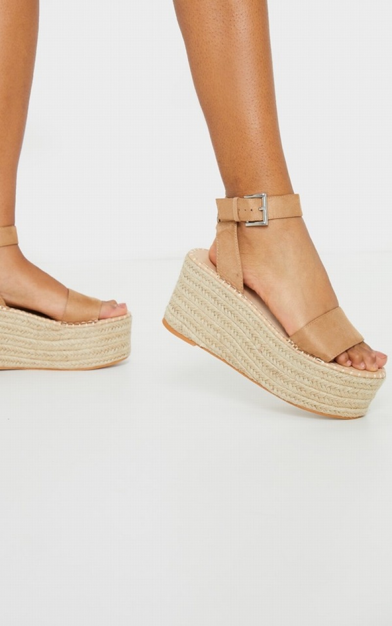 Sandale Pretty Little Thing Tan Cu Catarama Ankle Strapform Espadrile Maro | QOTL80265