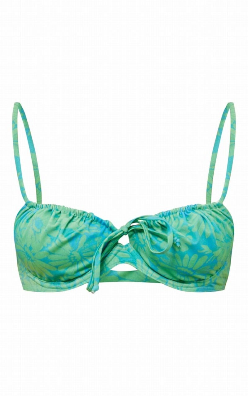 Topuri De Bikini Pretty Little Thing Daisy Print UnderwiRuched Cup Albastri | BXYJ04157