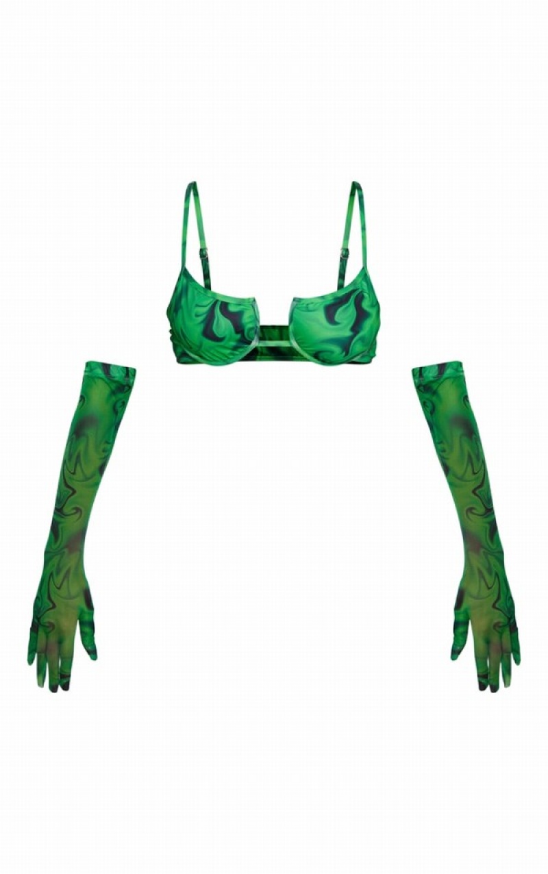 Topuri De Bikini Pretty Little Thing Fire Print And Gloves Verzi | HURE03129