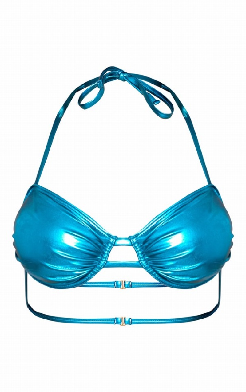 Topuri De Bikini Pretty Little Thing Metallic Ruched Underwired Albastri | VJIE15867