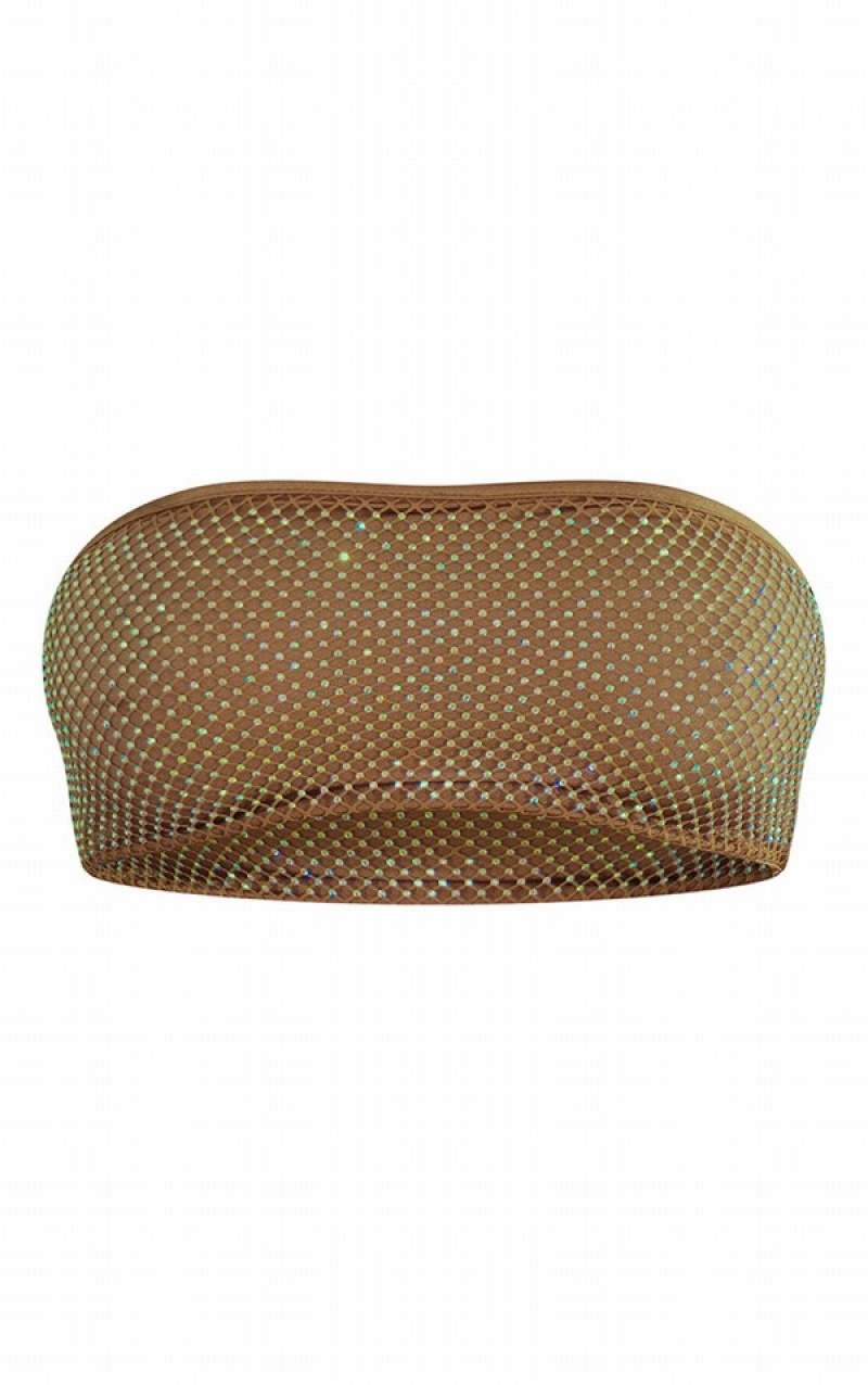 Topuri De Bikini Pretty Little Thing Mocha Fishnet Diamante Bandeau Bej | WSRL28019