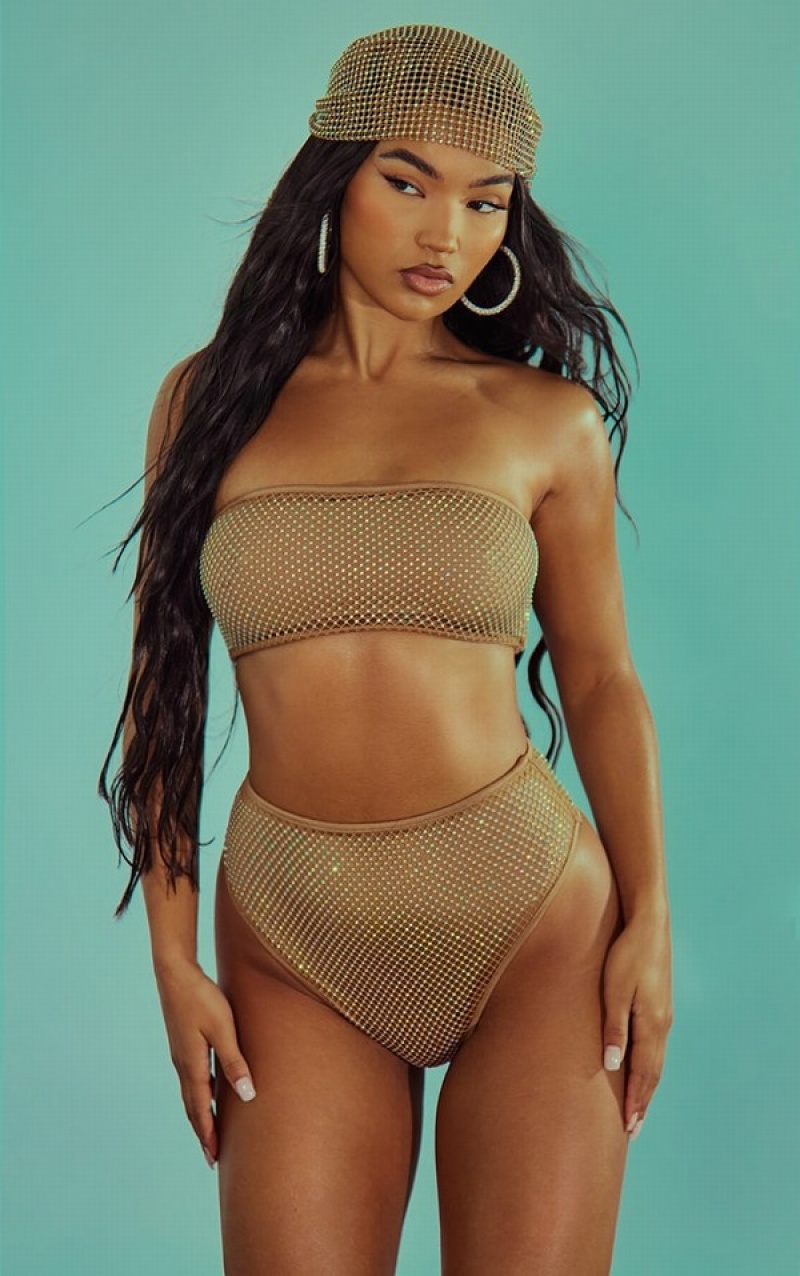 Topuri De Bikini Pretty Little Thing Mocha Fishnet Diamante Bandeau Bej | WSRL28019