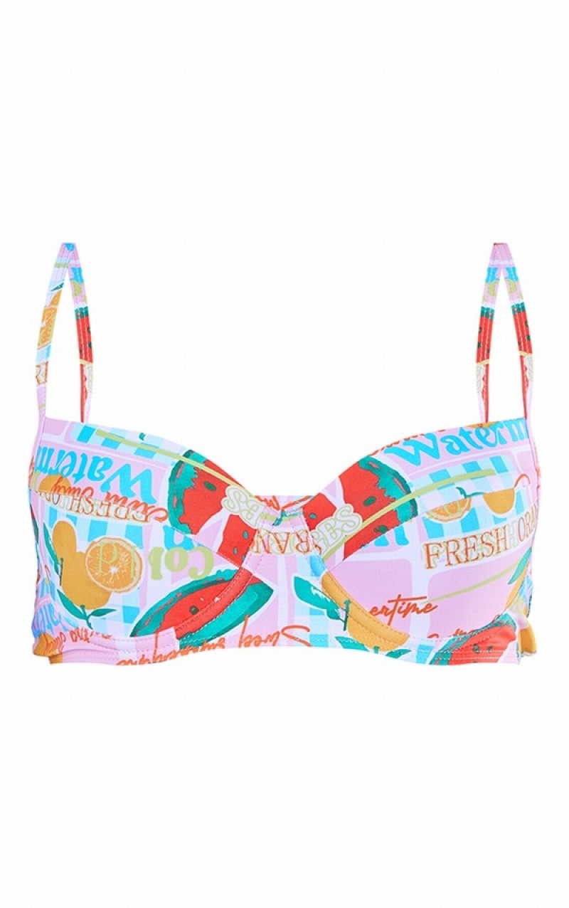 Topuri De Bikini Pretty Little Thing Multi Contrast Fruit Print Push Up Cupped Colorati | ULFB30658