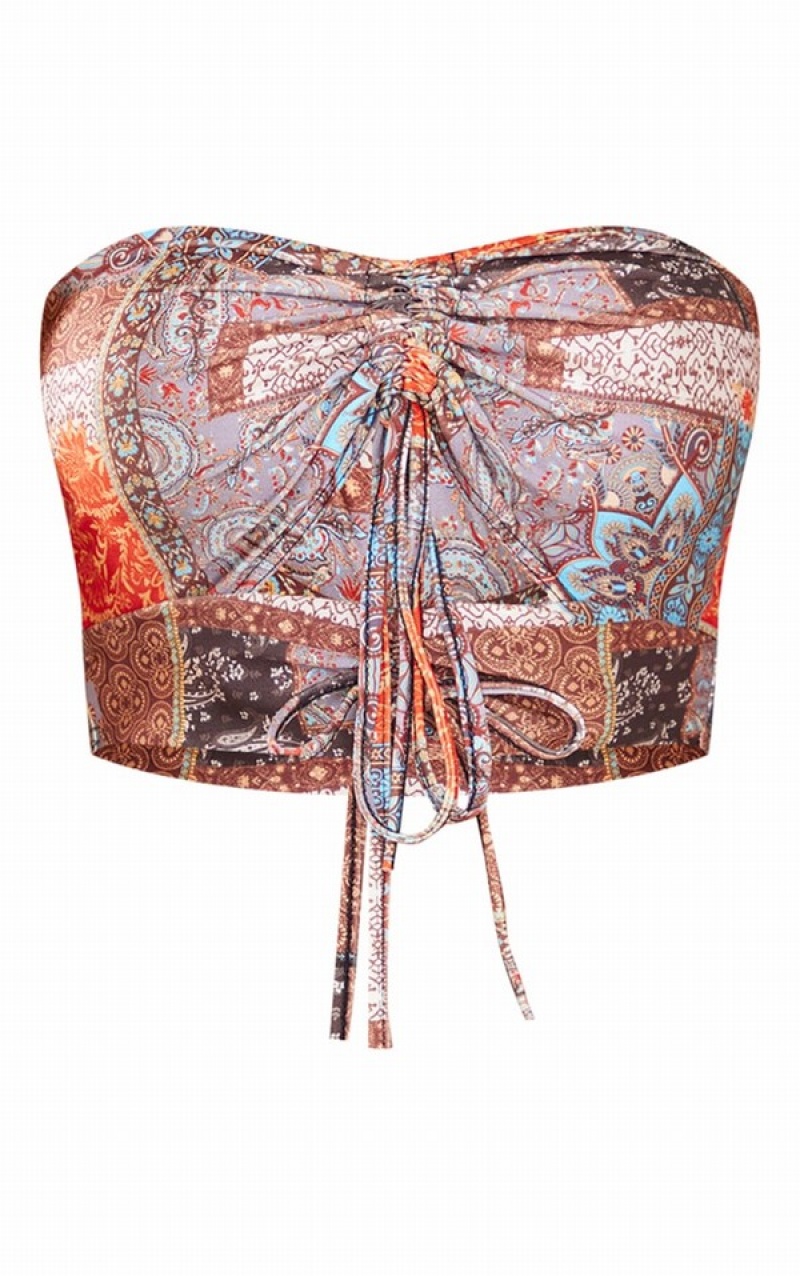 Topuri De Bikini Pretty Little Thing Paisley Print Ruched Front Cut Out Bandeau Bej | WOVB93462