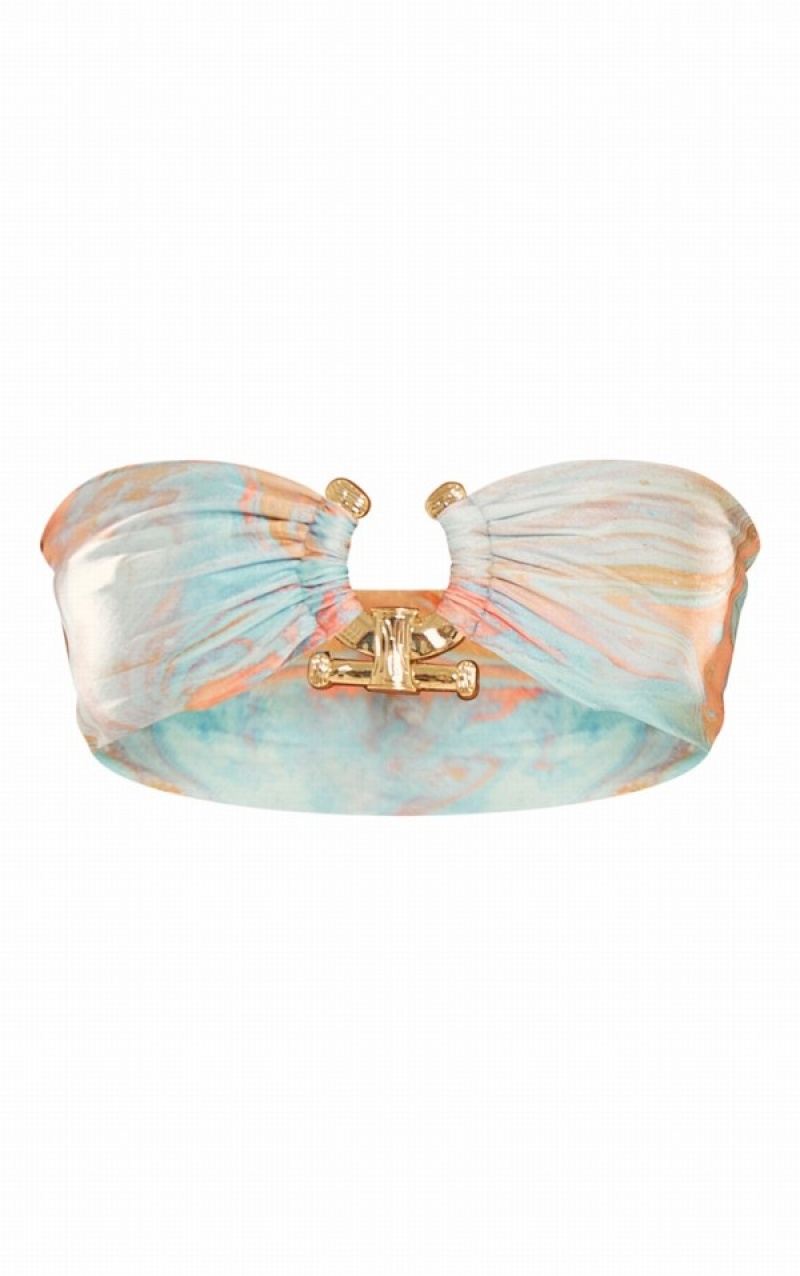 Topuri De Bikini Pretty Little Thing Peach Marble Print HammeTrim Bandeau Corai | LJVQ19635