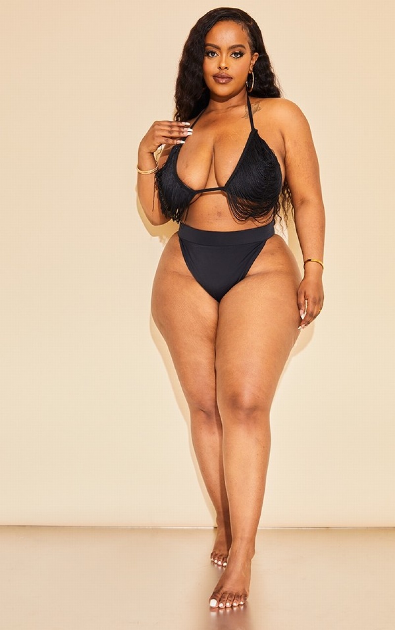 Topuri De Bikini Pretty Little Thing Plus Fringed Triangle Negrii | RUMT10479