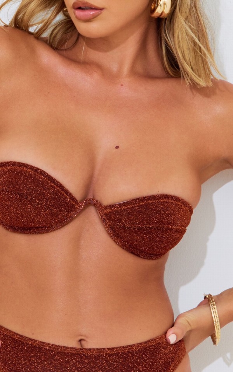 Topuri De Bikini Pretty Little Thing Rust Glitter Cup Bandeau Rosii | HVAZ43286