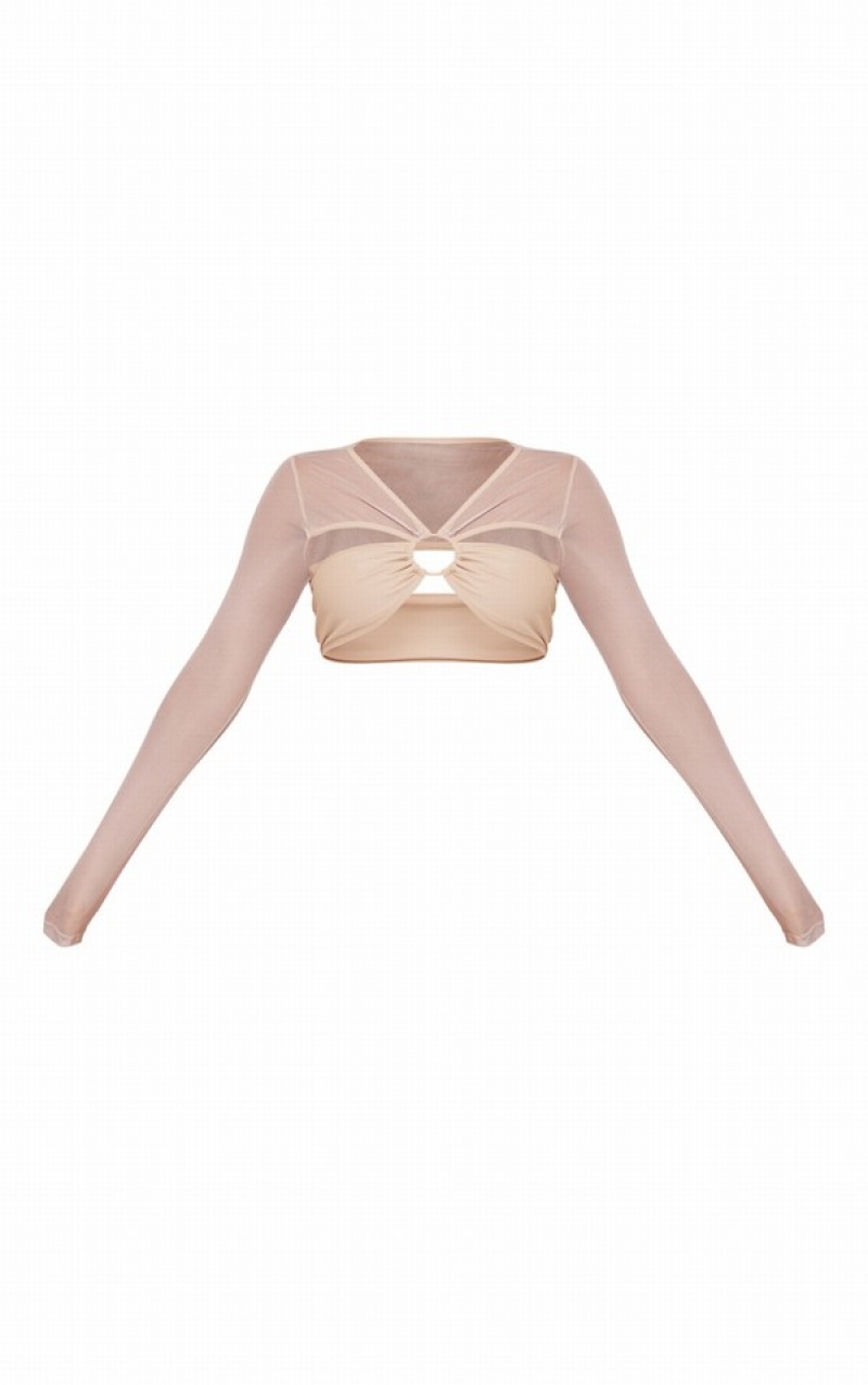 Topuri De Bikini Pretty Little Thing Stone Mesh Long Sleeve Cut Out Gri | UKTC14376