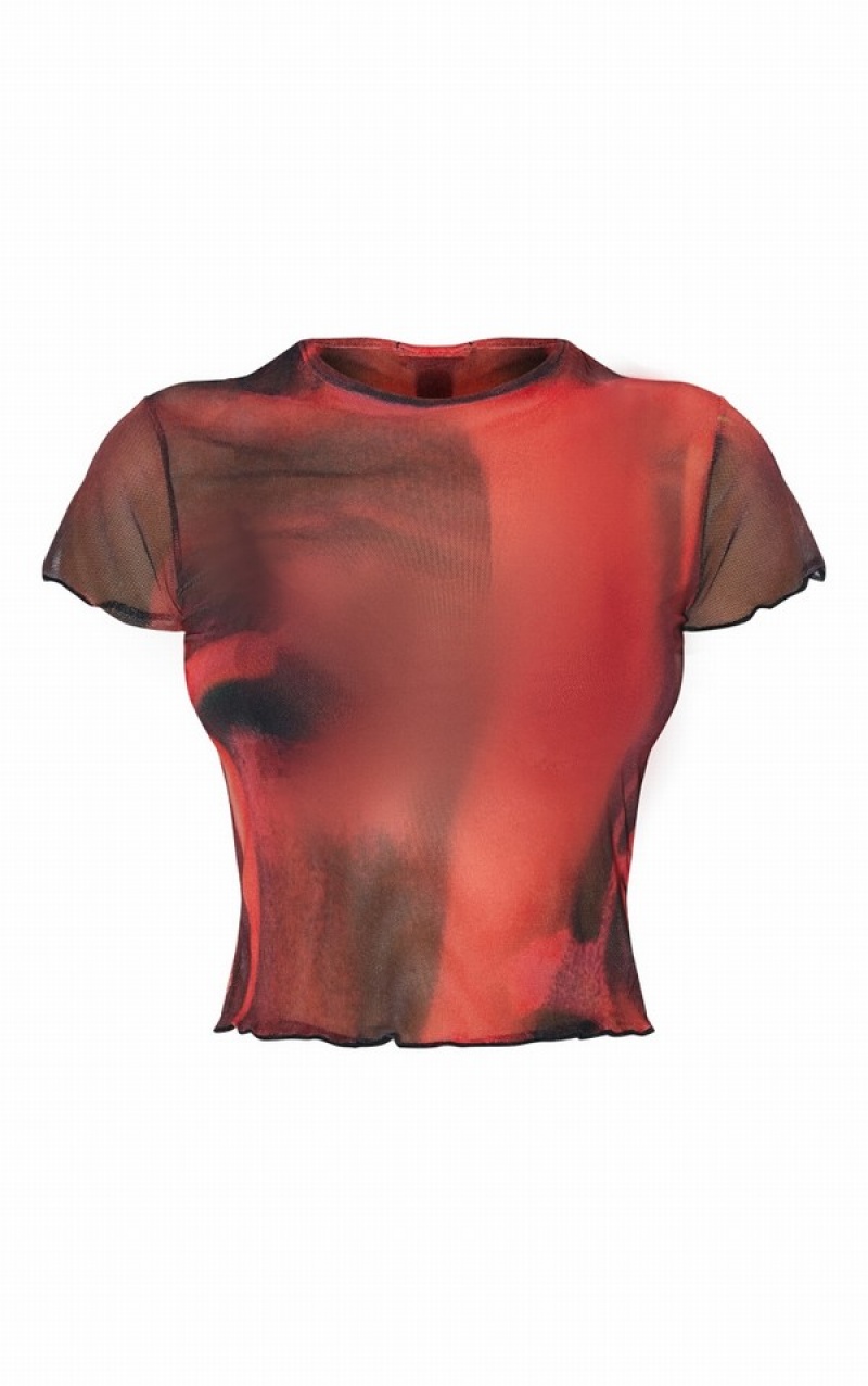 Tricouri Pretty Little Thing Abstract Printed Mesh Sleeve Rosii | FBGD58720