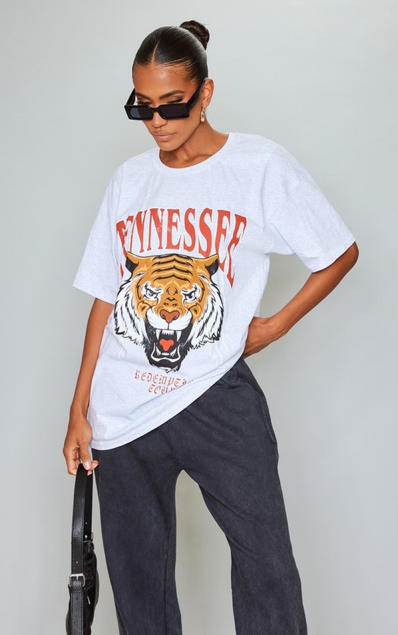 Tricouri Pretty Little Thing Ash Tennessee Print Oversized Gri | JBHF32159