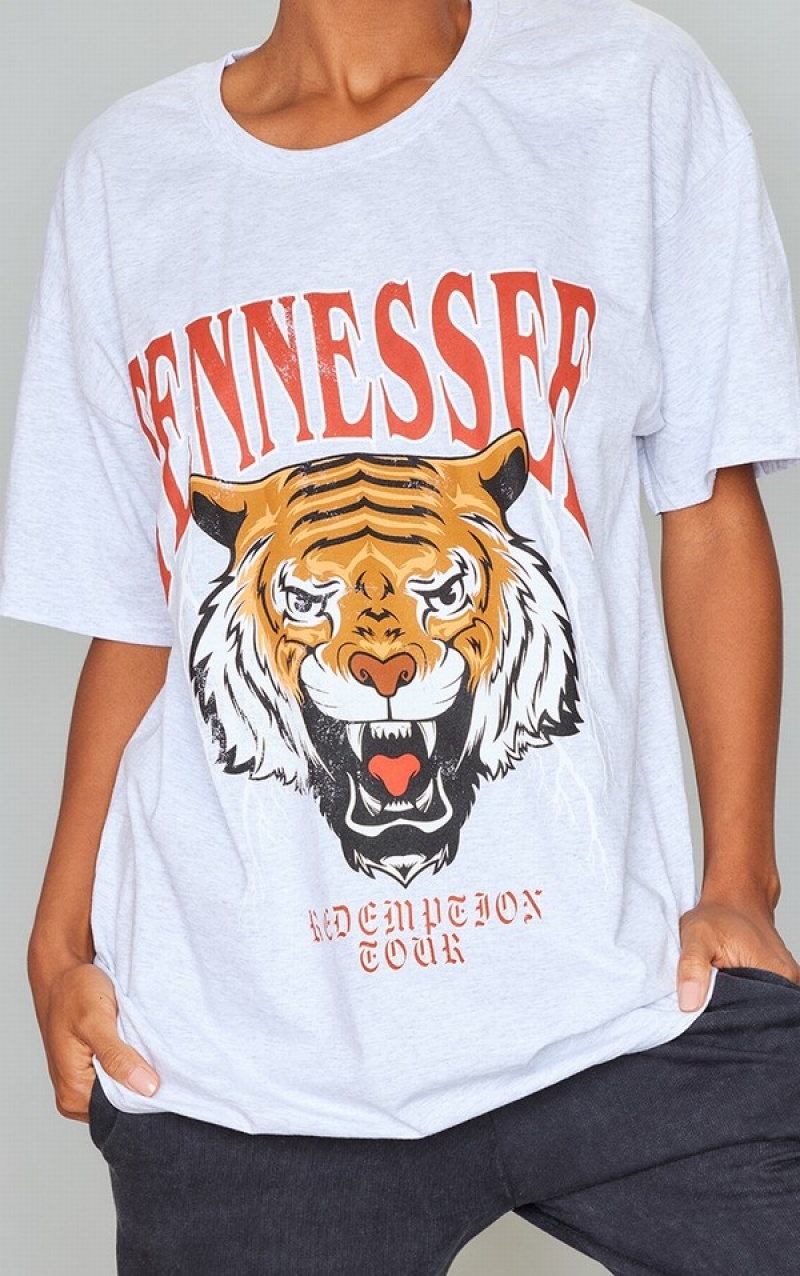 Tricouri Pretty Little Thing Ash Tennessee Print Oversized Gri | JBHF32159