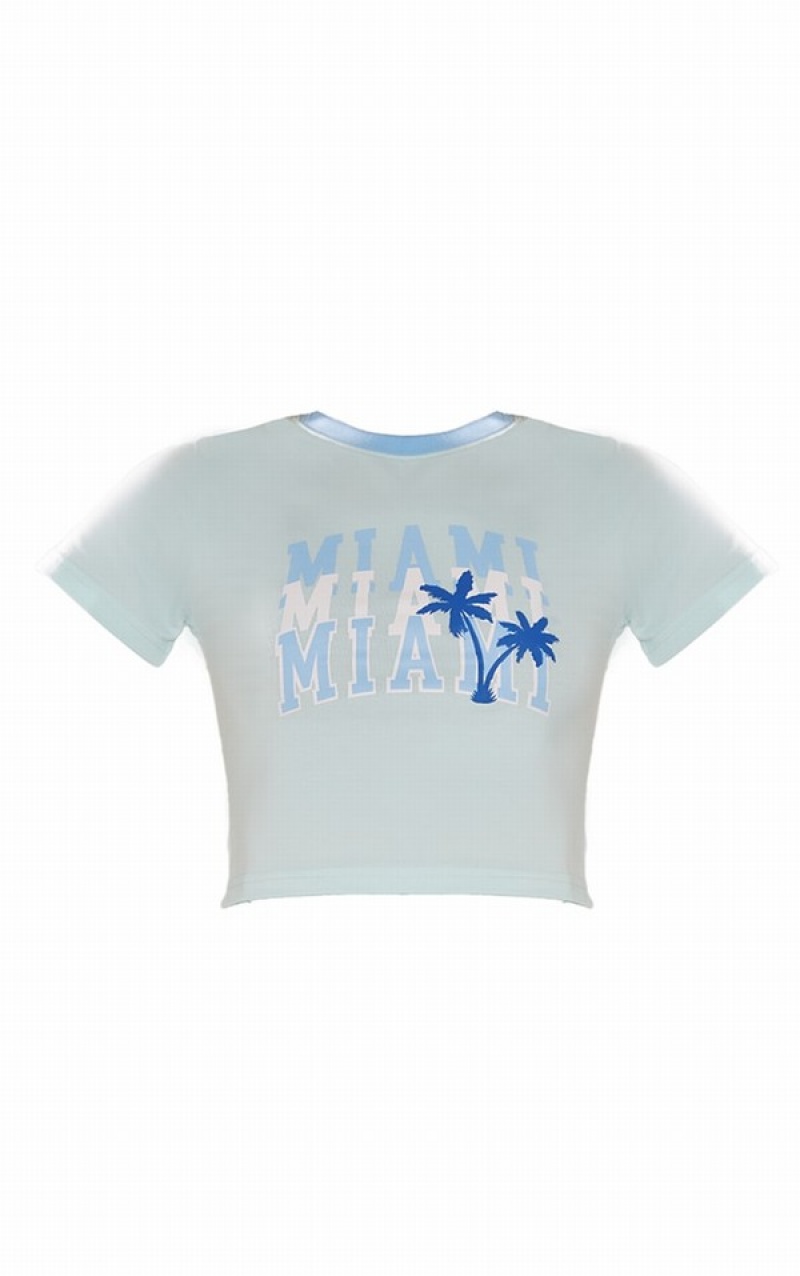 Tricouri Pretty Little Thing Baby Miami Printed Fitted Crop Albastri | YQRO37561