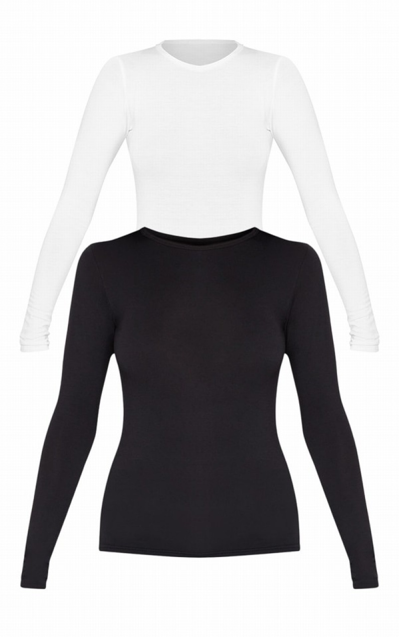 Tricouri Pretty Little Thing Basic Bumbac Blend Long Sleeve Fitted 2 Pack Albi | PBDN52316