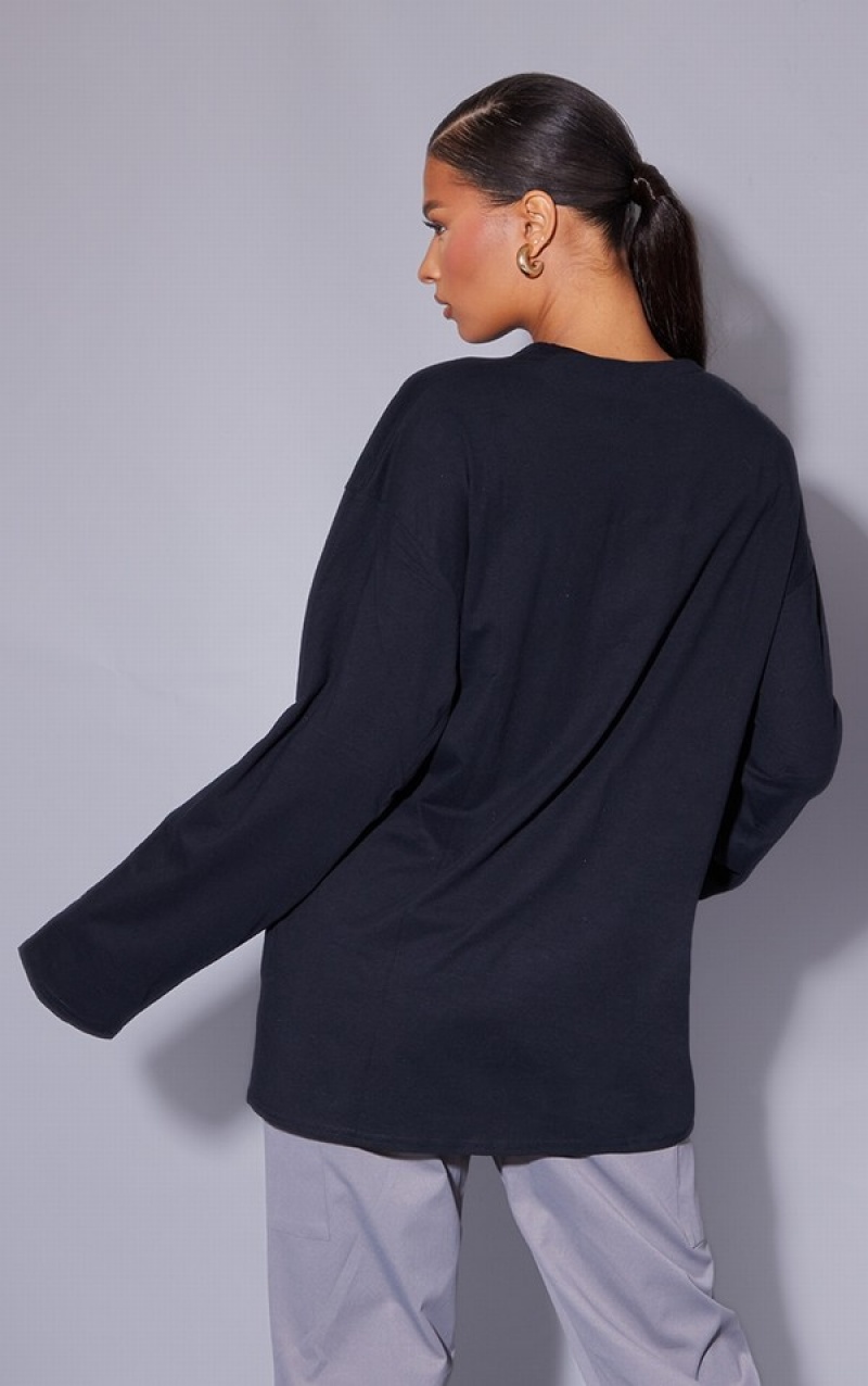 Tricouri Pretty Little Thing Bumbac Oversized Long Sleeve Negrii | JHPQ89104