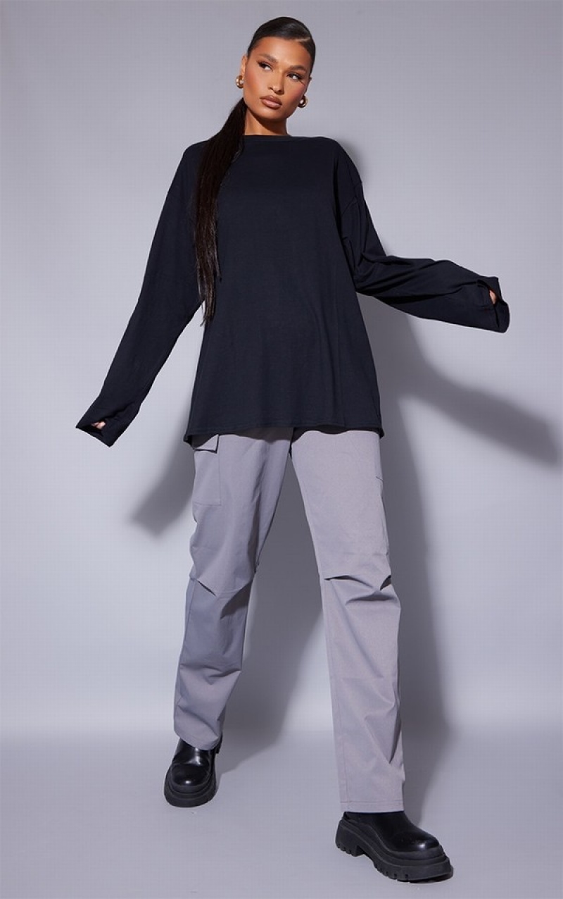 Tricouri Pretty Little Thing Bumbac Oversized Long Sleeve Negrii | JHPQ89104
