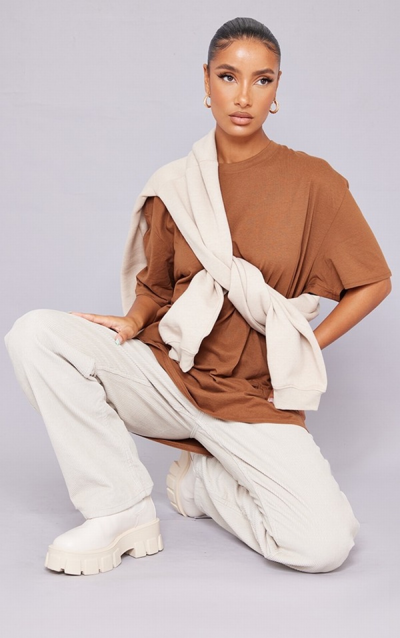 Tricouri Pretty Little Thing Bumbac  Oversized Ciocolata | DHLY74602