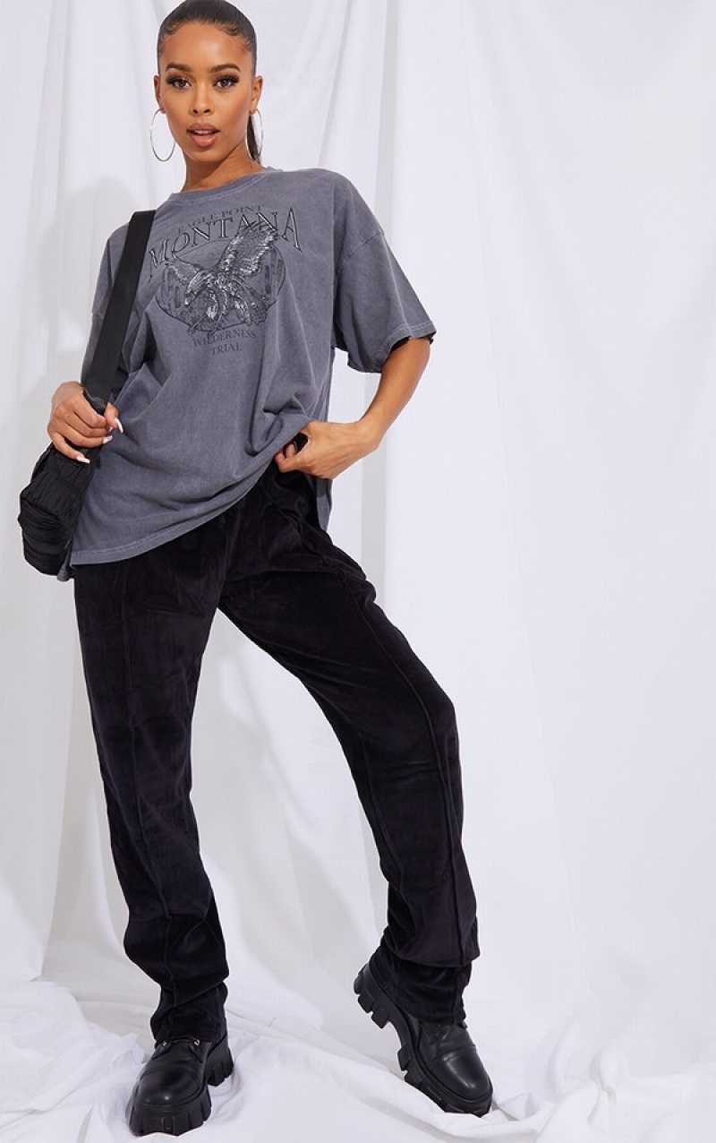 Tricouri Pretty Little Thing Charcoal Montana Logo Oversized Washed Gri | YTNZ54197