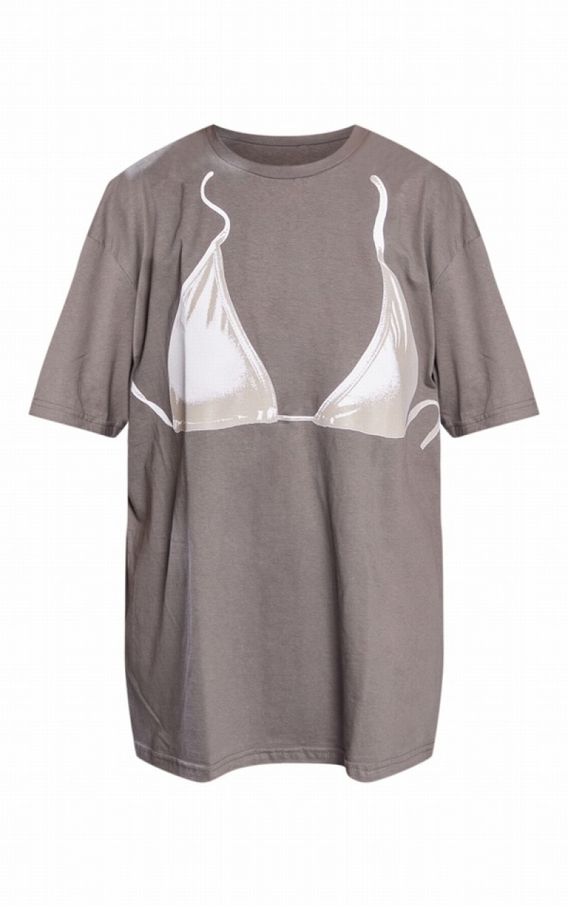 Tricouri Pretty Little Thing Charcoal Print Oversized Gri | ZFAS40351