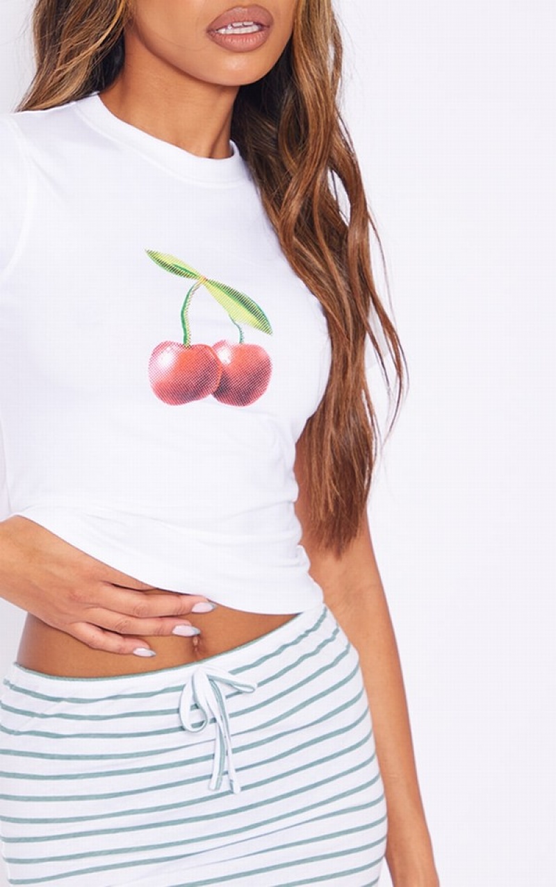 Tricouri Pretty Little Thing Cherry Printed Fitted Long Albi | KBIJ06391