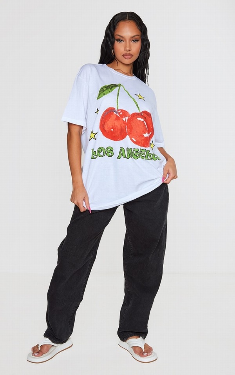Tricouri Pretty Little Thing Los Angeles Cherry Print Oversized Albi | RYFB49821