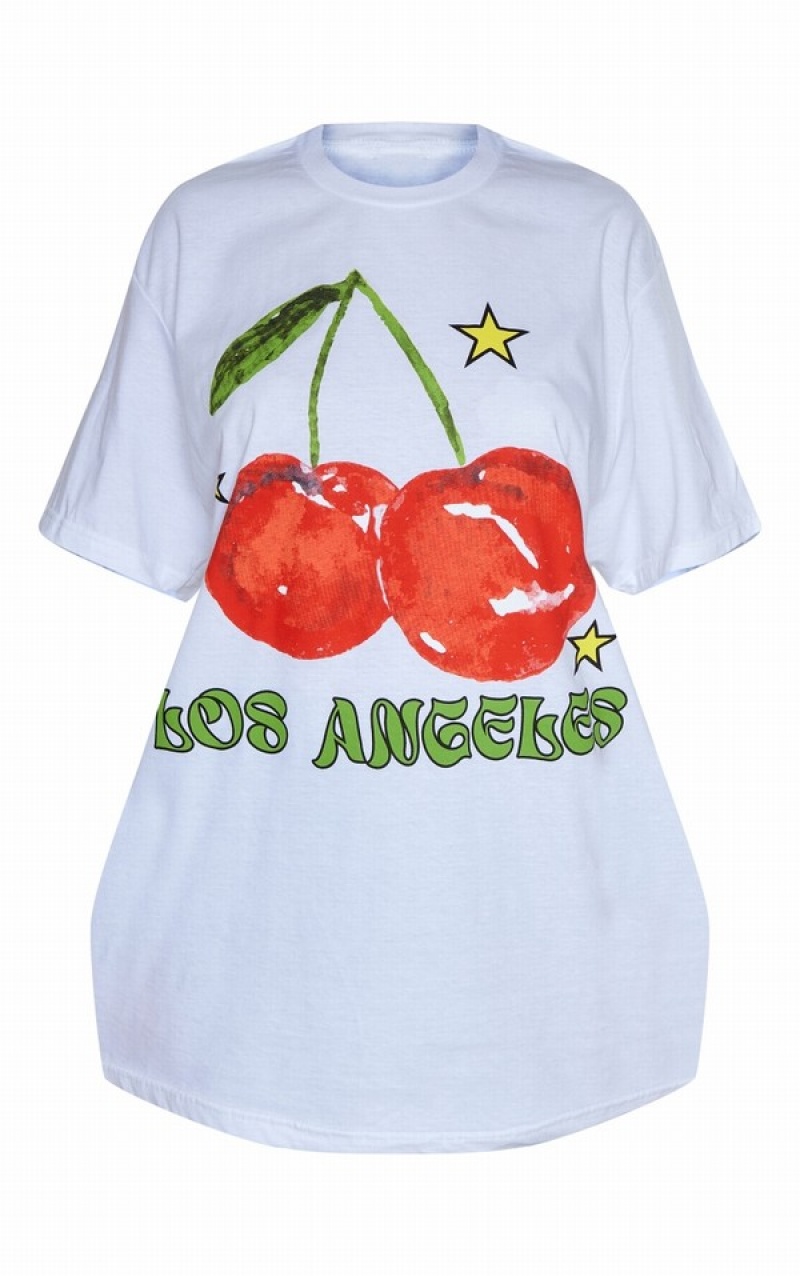 Tricouri Pretty Little Thing Los Angeles Cherry Print Oversized Albi | RYFB49821