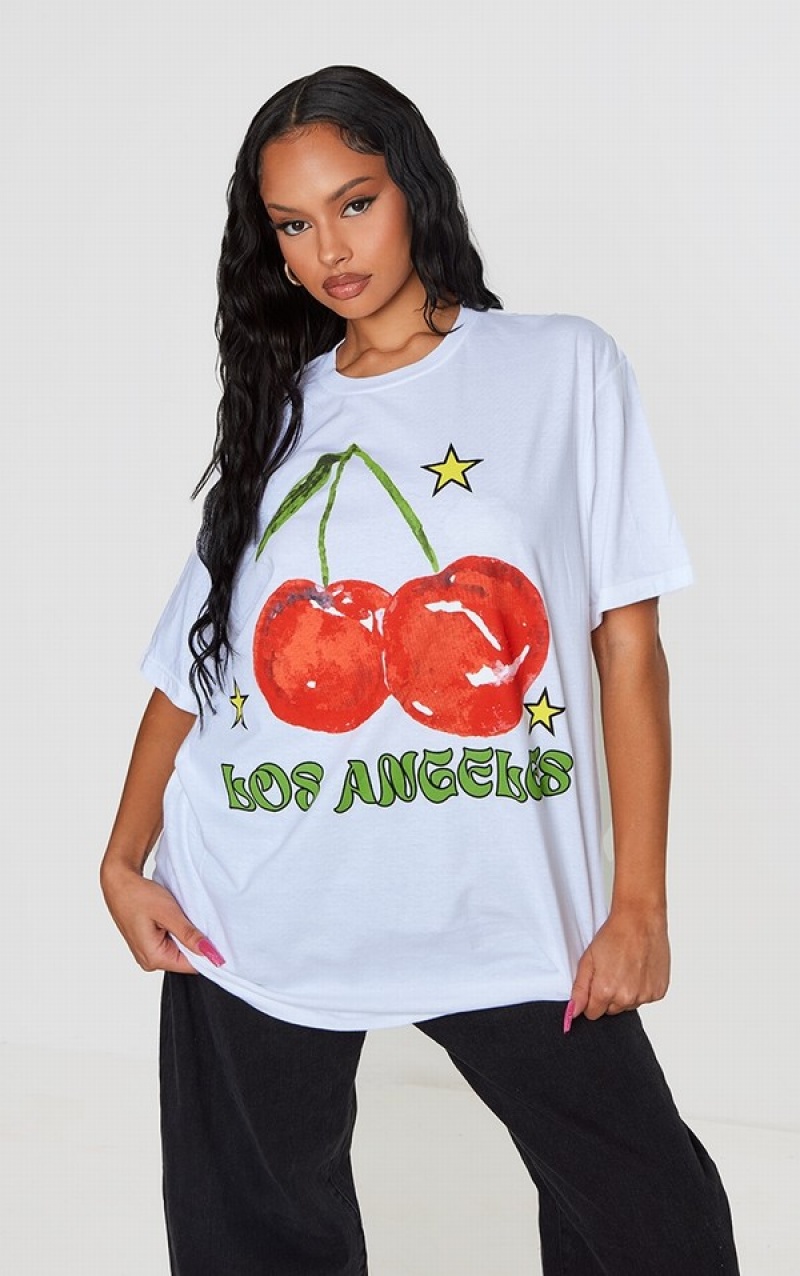 Tricouri Pretty Little Thing Los Angeles Cherry Print Oversized Albi | RYFB49821