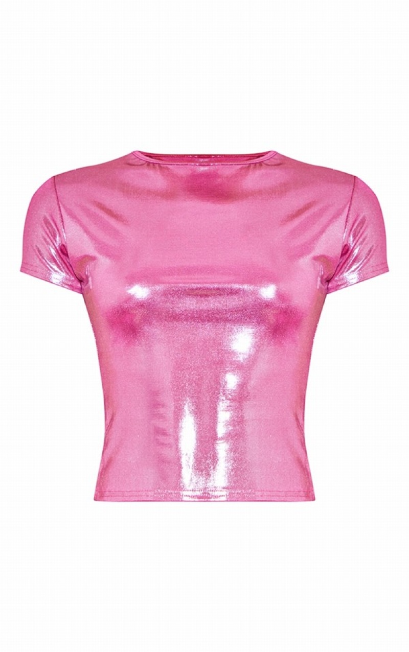 Tricouri Pretty Little Thing Metallic Sleeve Long Tshirt Roz | RZHB59327