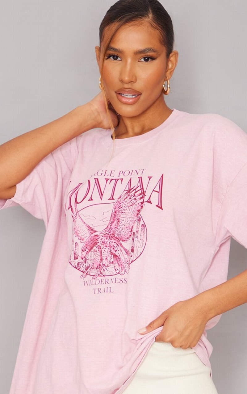 Tricouri Pretty Little Thing Montana Logo Oversized Washed Roz | SVGU68401