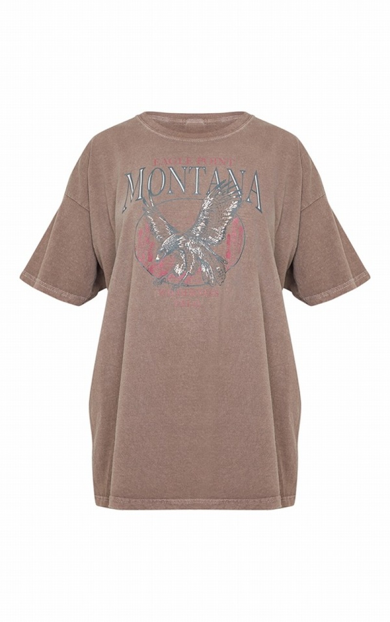 Tricouri Pretty Little Thing Montana Logo Oversized Washed Ciocolata | RNSY92385