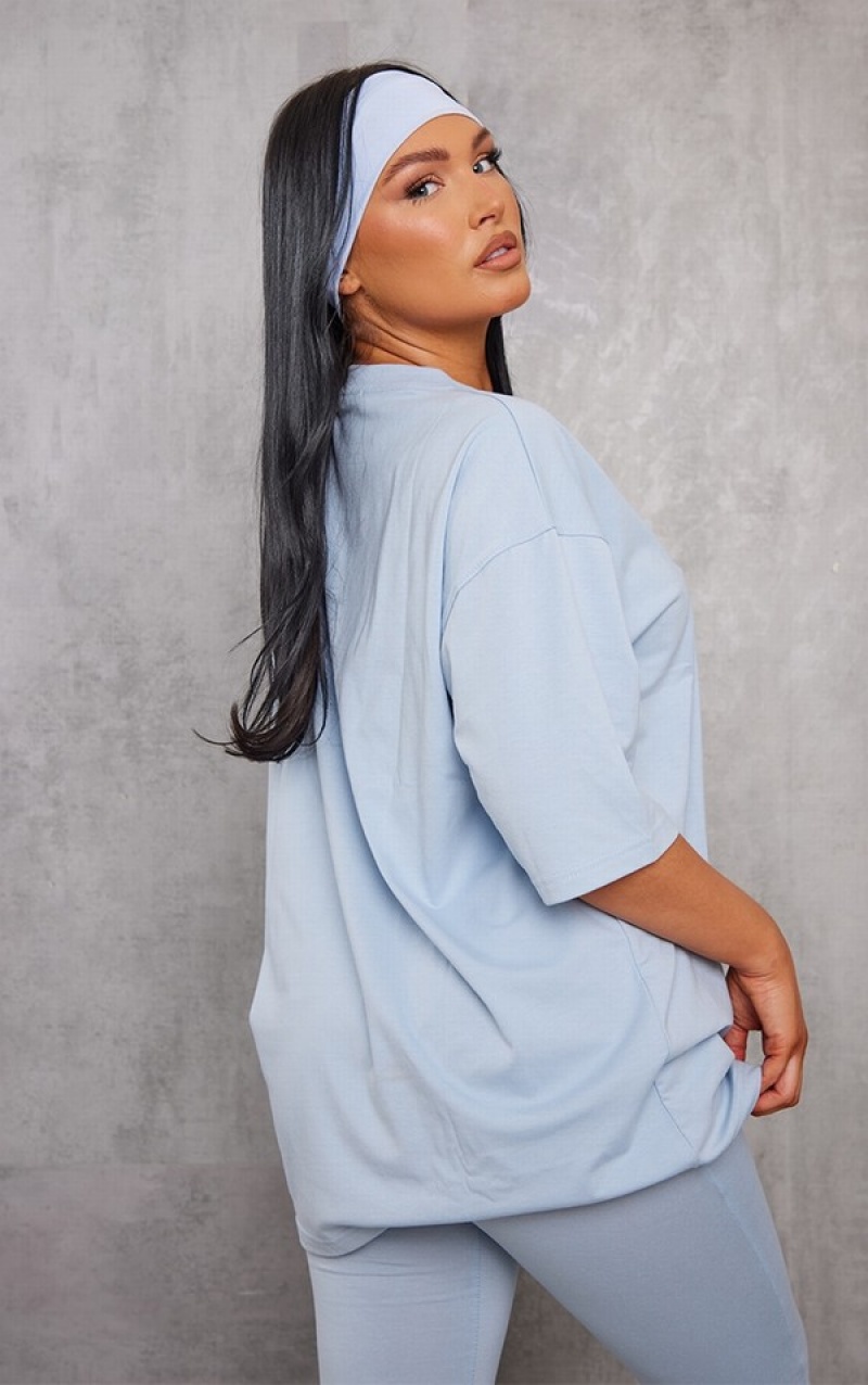 Tricouri Pretty Little Thing Pale Print Oversized Albastri | JHPO64781
