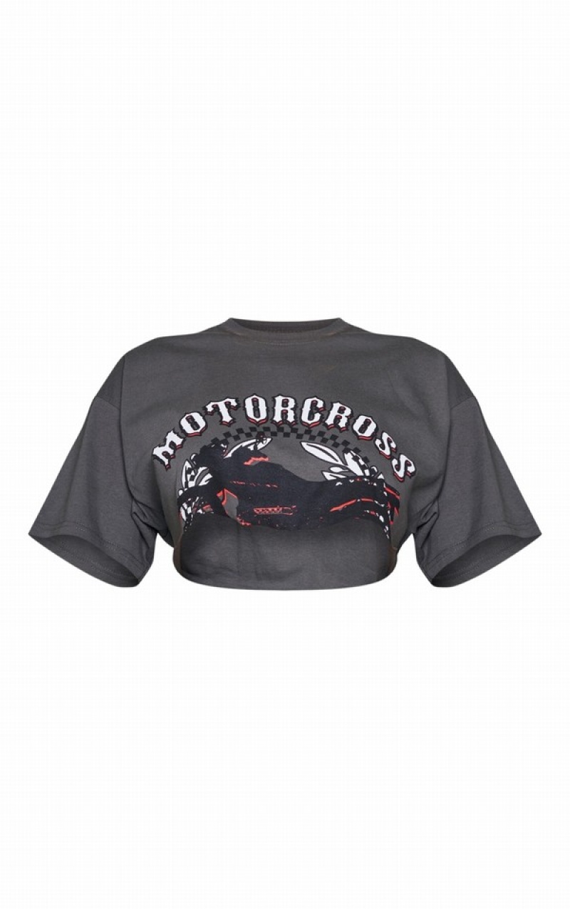 Tricouri Pretty Little Thing Petite Charcoal Grafice Cropped Gri | YMVO76210